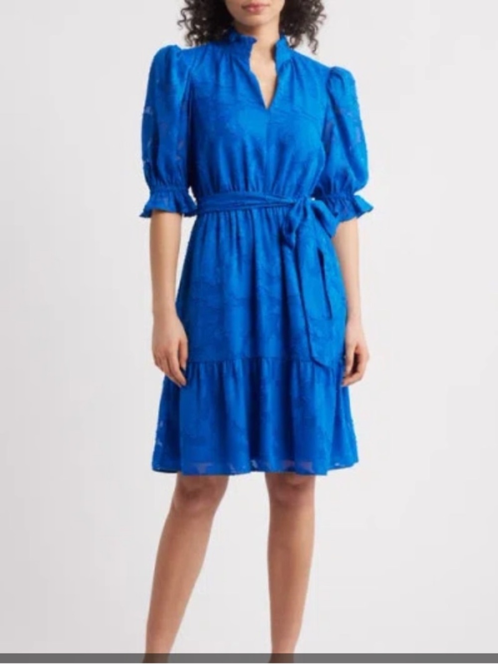 Eliza J Cobalt Blue Puff Sleeve Tie-Waist Midi Dress